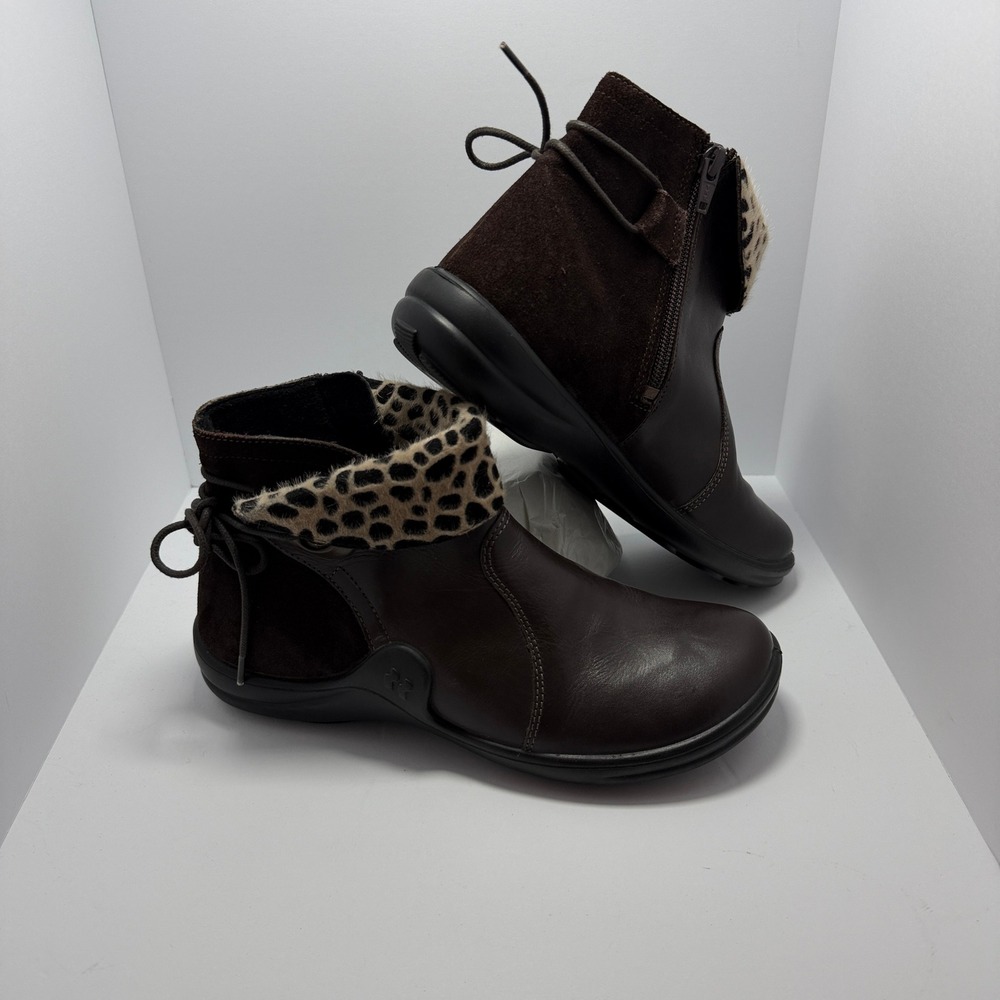 Romika Ankle Boots Women 38 US 7.5-8 Leopard Print Trim Leather Suede Brown Zip
